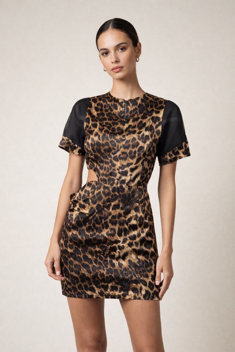 Kimberly Taylor Silk Leopard Print Cutout Dress Sheer Mesh Sleeves Small